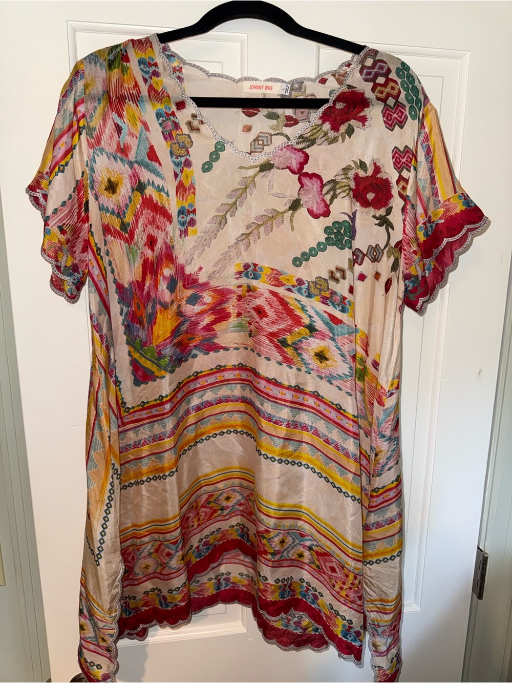Johnny Was Tulum Short-Sleeve Silk Georgette Tunic w/ Scallop Trim